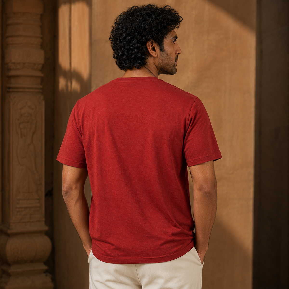 Ravi Torana Earthy Solar Red men’s linen T-shirt back view